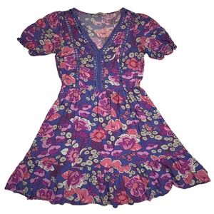 Rusttydustty Floral Print V Neck Short Sleeve Ruffle Hem Dress Women Size S
